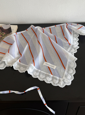 韩系条纹ins风少女时髦拍照三角巾法式蕾丝花边包头巾夏天绑发带