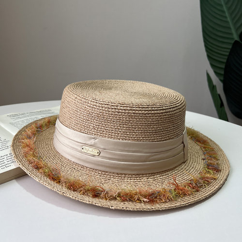 天然拉菲草手工编织平顶帽女夏季