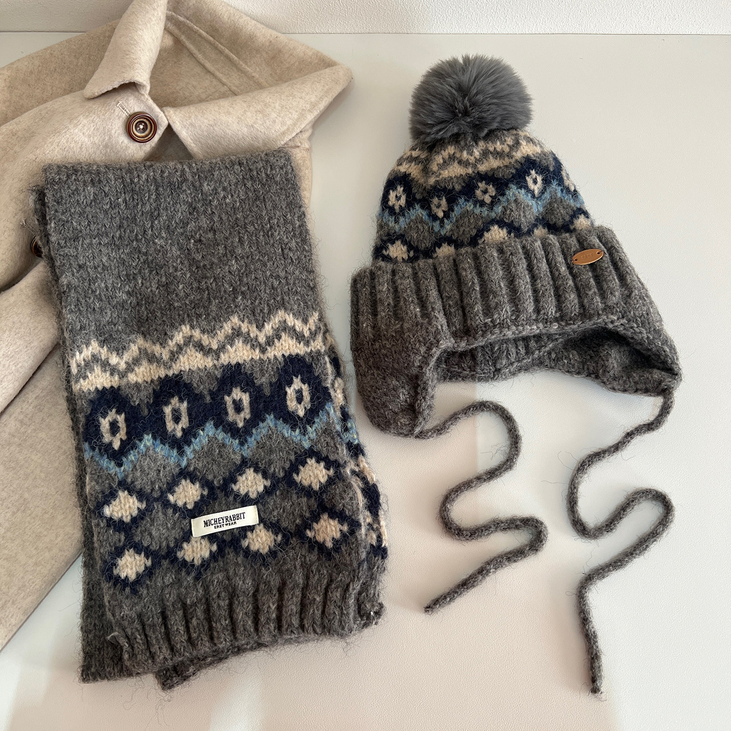 费尔岛风提花针织围巾帽子女冬季