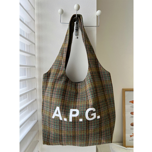 韩版 ins慵懒风撞色格纹托特包帆布包手提单肩包通勤大容量包包女