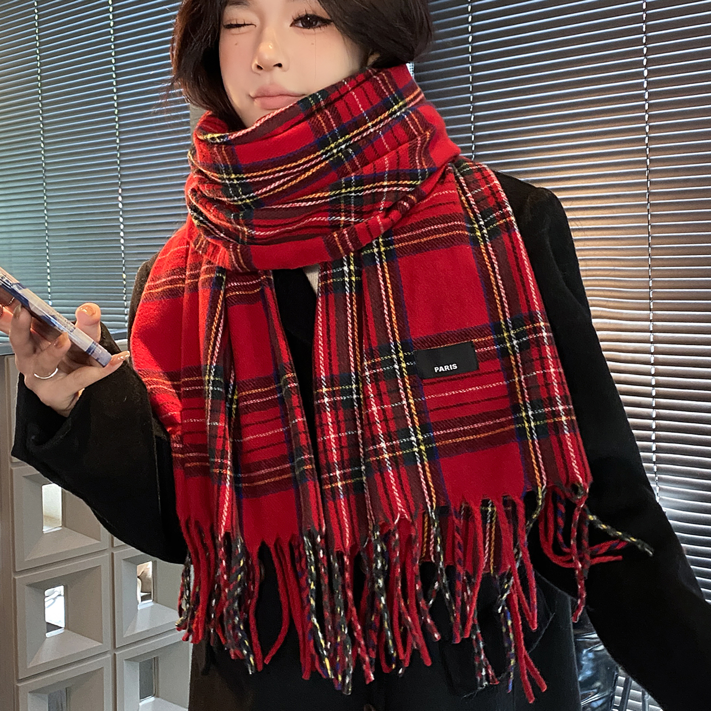 本命年红色格子圣诞围巾女冬季