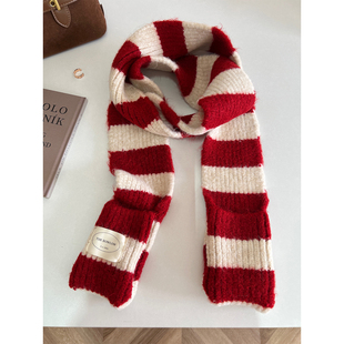 红白条纹针织细围巾女秋冬韩系氛围感ins窄版小口袋毛线围脖保暖