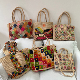 纯手工编织拉菲草包包女夏季 海边度假沙滩包大容量单肩手提包草包