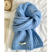 显白冰蓝色 韩系ins软糯麻花纹针织围巾冬季 男女学生百搭围脖护颈