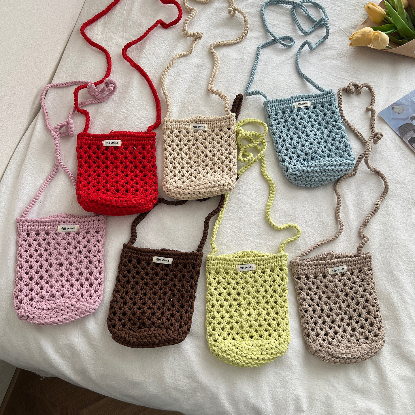 韩国egg手工钩针迷你小包手机包女夏天糖果色镂空棉绳单肩斜跨包