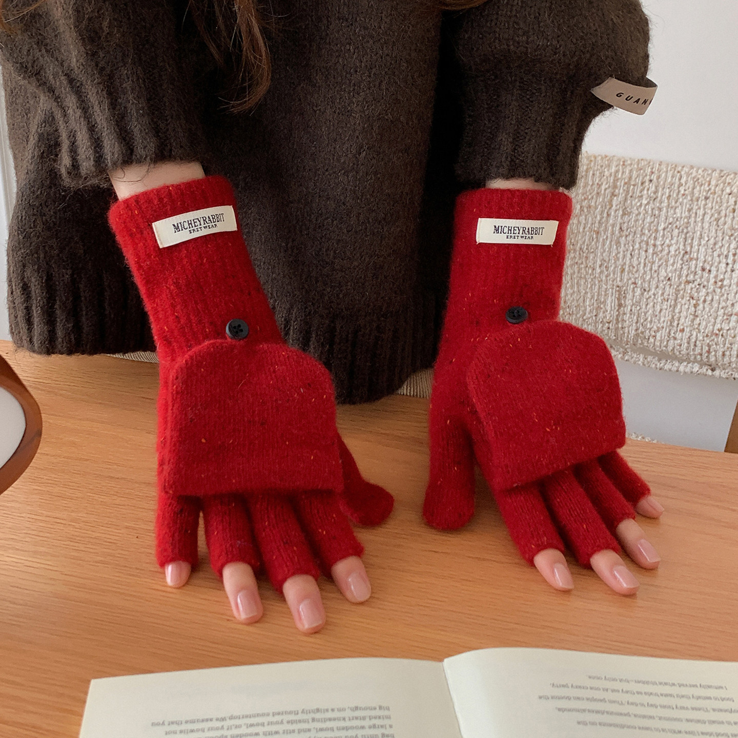 韩系夹花羊毛针织包指翻盖手套女冬季保暖露指可触屏骑行手套红色,服饰配件/皮带/帽子/围巾,手套,淘宝优惠券,粉丝福利购,淘宝优惠卷