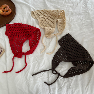 韩国博主同款毛线镂空三角巾包头巾时髦辣妹叠穿屁帘腰巾搭配头饰