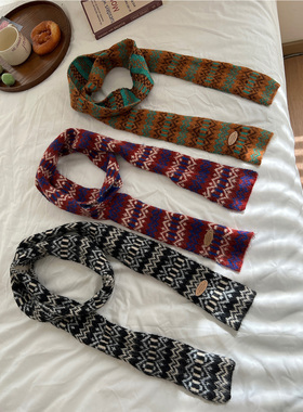 费尔岛复古提花针织细围巾辣妹穿搭时髦长条百搭围脖细窄韩国ins