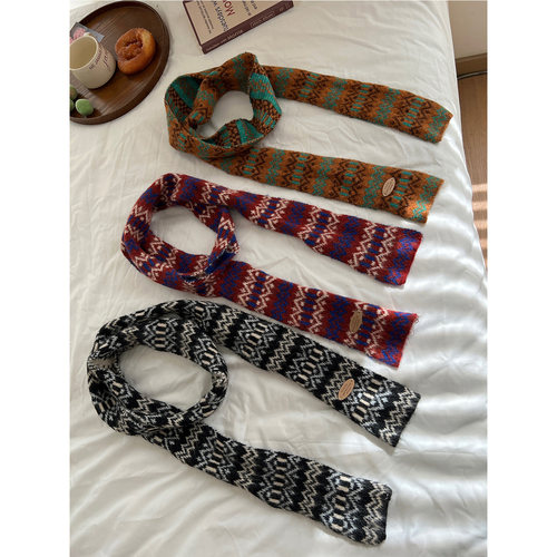 费尔岛复古提花针织细围巾长围脖