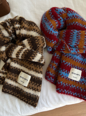 韩版条纹针织围巾女秋冬红色氛围感加厚保暖防寒情侣围脖费尔岛风