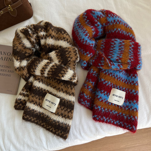 韩版条纹针织围巾女秋冬红色围脖