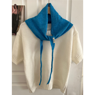 巨显白湖蓝色三角巾头巾女披肩韩国百搭时髦egg针织系带围脖装 饰