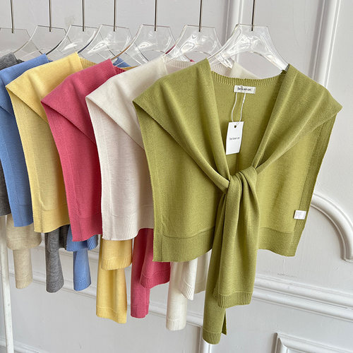 薄款纯色含羊毛针织打结披肩外搭