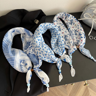 田园风蓝色碎花串珠丝巾女夏季 饰领巾三角巾可调节绑发丝巾 系脖装