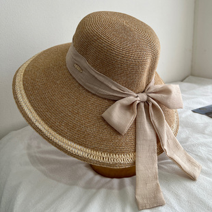 出游海边度假防晒沙滩帽太阳帽大沿帽 夏季 法式 蝴蝶结大檐草帽女款