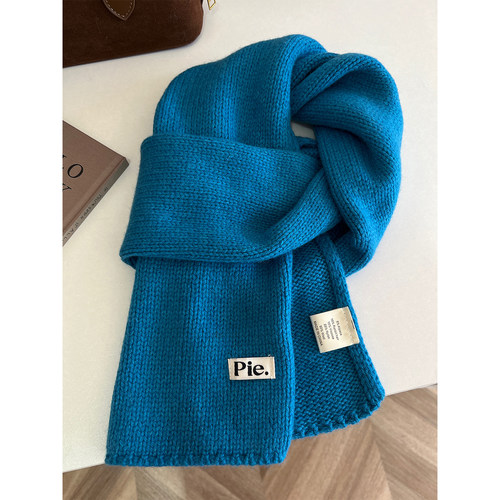 蓝色羊毛针织围巾女冬季ins围脖