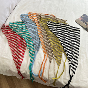 韩系镂空针织条纹三角巾包头巾女夏季 系带百搭氛围感叠搭披肩屁帘