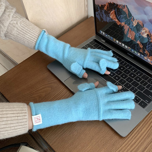 碧落蓝~指尖翻盖设计长款针织手套女冬季防寒五指骑行保暖可触屏