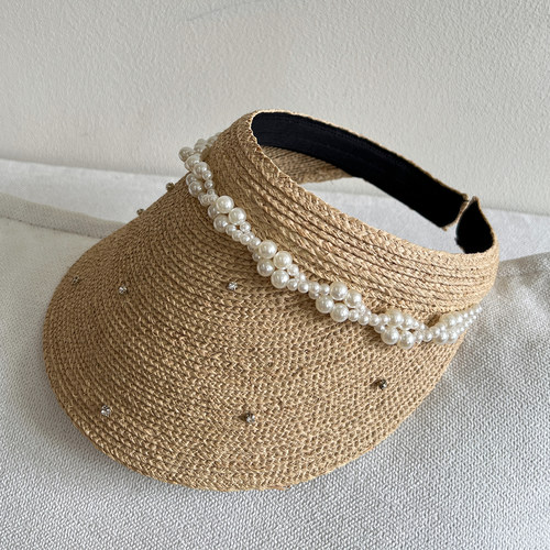 进口拉菲草编空顶帽子女珍珠带钻