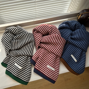 韩系简约风撞色细条纹围巾女秋冬氛围感针织毛线小围脖百搭护颈