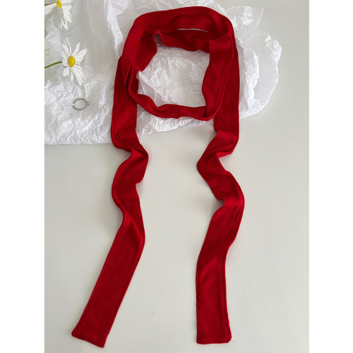 古风红色针织小长条细窄丝巾女