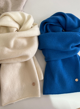 柔软质感100%绵羊毛围巾女秋冬高级感蓝色针织围脖保暖百搭情侣款