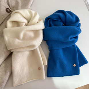 柔软质感100%绵羊毛围巾女秋冬高级感蓝色针织围脖保暖百搭情侣款