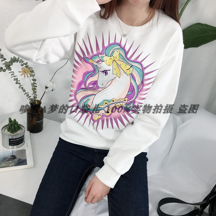 春秋卫衣女粉红少女系立体彩色绣刺绣卫衣套头韩版通勤