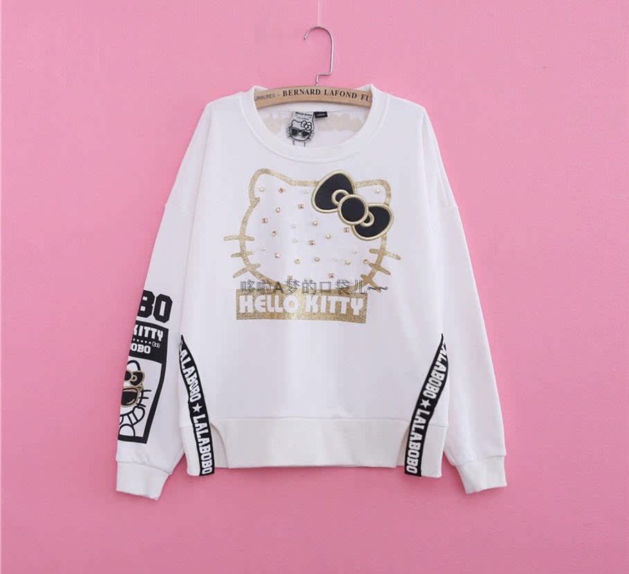 春秋新款啦波 kt猫镶钻卫衣女装宽松圆领上衣 潮牌女装