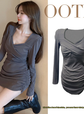 辣妹秋冬季连衣裙大码长袖轻熟风高级灰气质紧身显瘦德绒包臀裙女