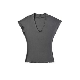 欧美纯欲深V领木耳边T恤女法式小众性感弹力紧身外穿打底短袖上衣