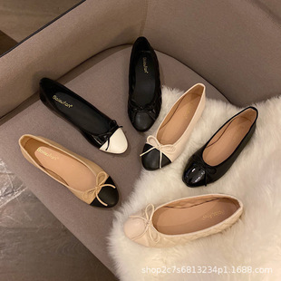 小香风蝴蝶结平底浅口单鞋女2025新款平跟拼色圆头瓢鞋豆豆鞋女