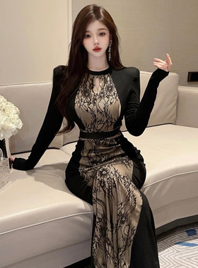 28344欧美东南亚外贸2024女装复古印花撞色拼接长袖连衣裙潮