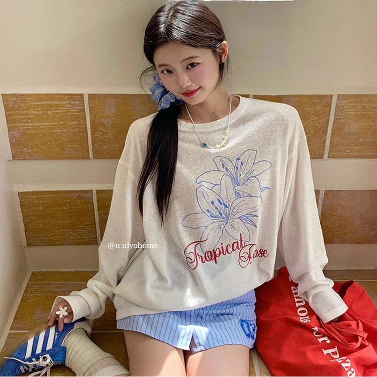 韩系慵懒T恤防晒罩衫女春夏季新款圆领印花长袖休闲宽松薄款上衣