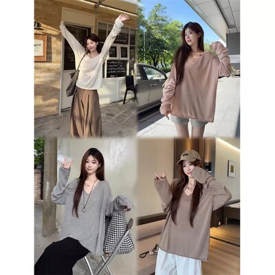 春季垂感慵懒V领长袖防晒T恤女