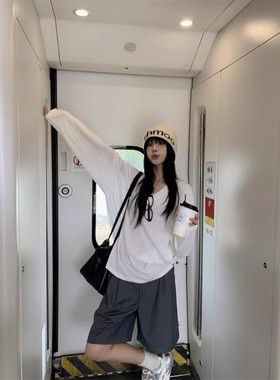 韩系白色v领长袖T恤女夏季慵懒休闲防晒罩衫气质宽松薄款百搭上衣