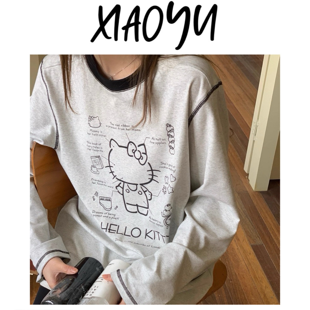 【沟边KT】韩风无脸明线KT喵长袖打底衫百搭显瘦撞色领长袖衫