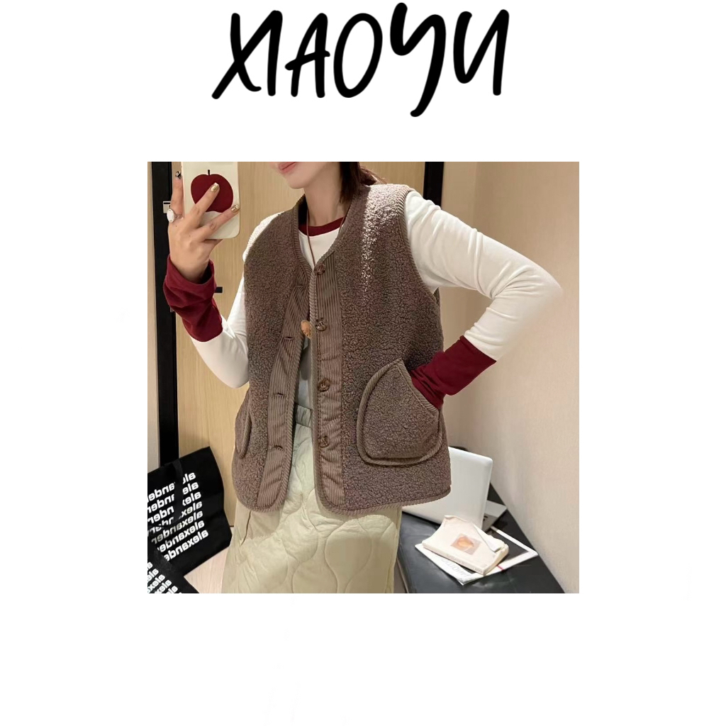 【大口袋毛毛马甲】新韩系毛毛拼灯芯绒单排扣马甲叠穿神器女显瘦