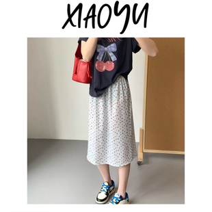 【碎花雪纺半身裙】韩单ounce碎花后开叉半裙松紧腰A字裙女