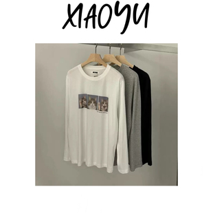 新【喵星人】韩单m*ne简约圆领猫咪卡通印花长袖T恤百搭显瘦女