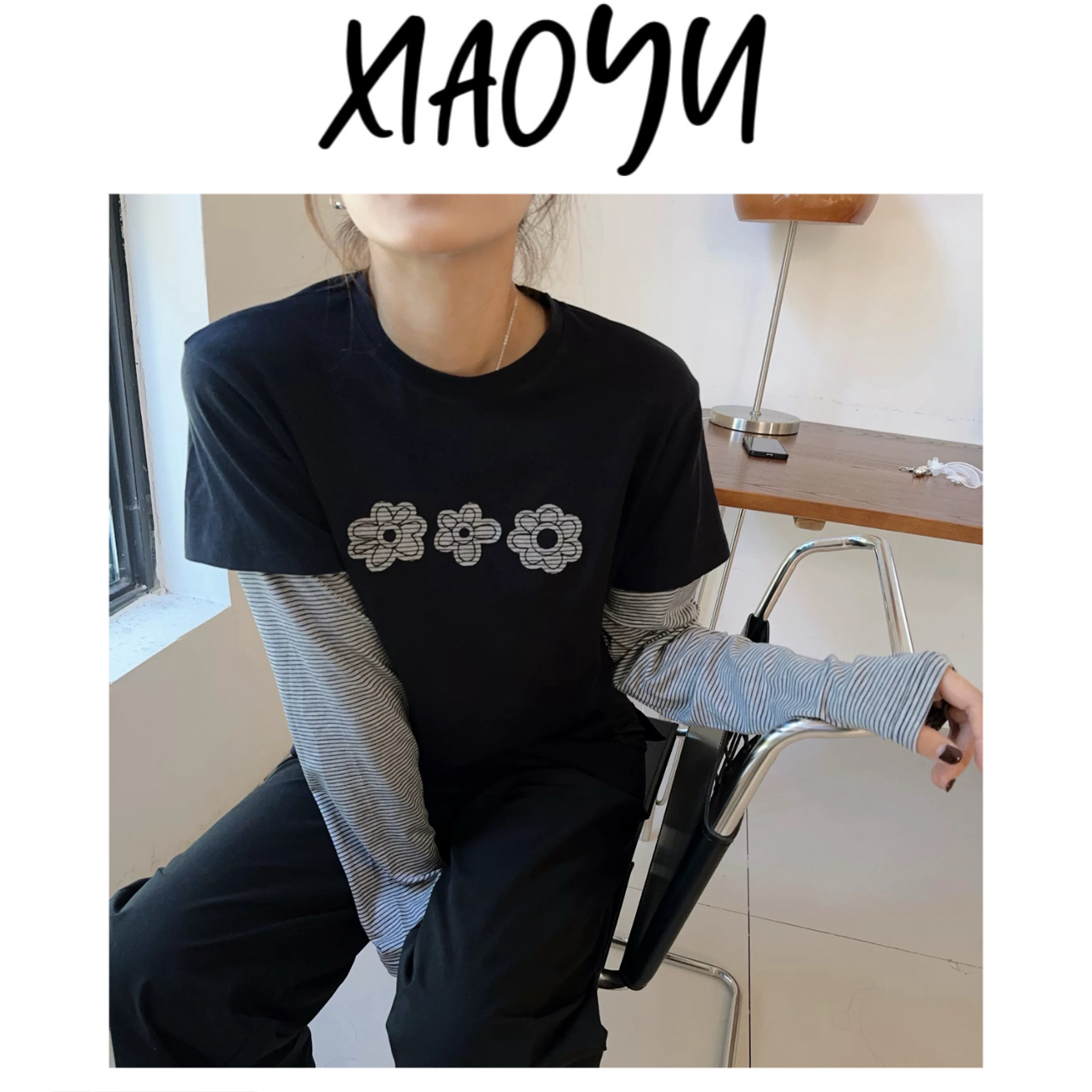 【三朵花】韩风peper花朵假两件条纹袖长袖打底衫百搭显瘦长袖衫