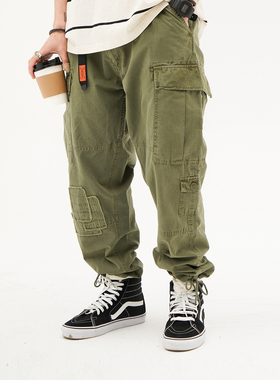 714street 百搭日系蜡染补丁水洗工装裤男女刺绣大口袋抽绳长裤