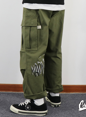 MADNESS STENCIL PRINT MILITARY 余文乐小龙裤宽松工装休闲裤