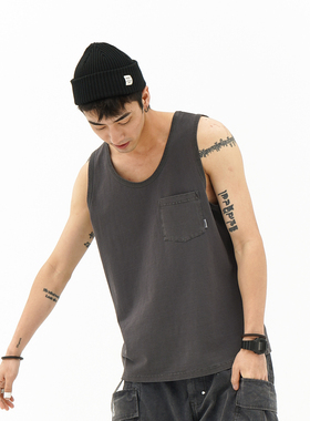 714street 夏季国潮水洗蜡染做旧背心男休闲宽松口袋无袖T恤打底