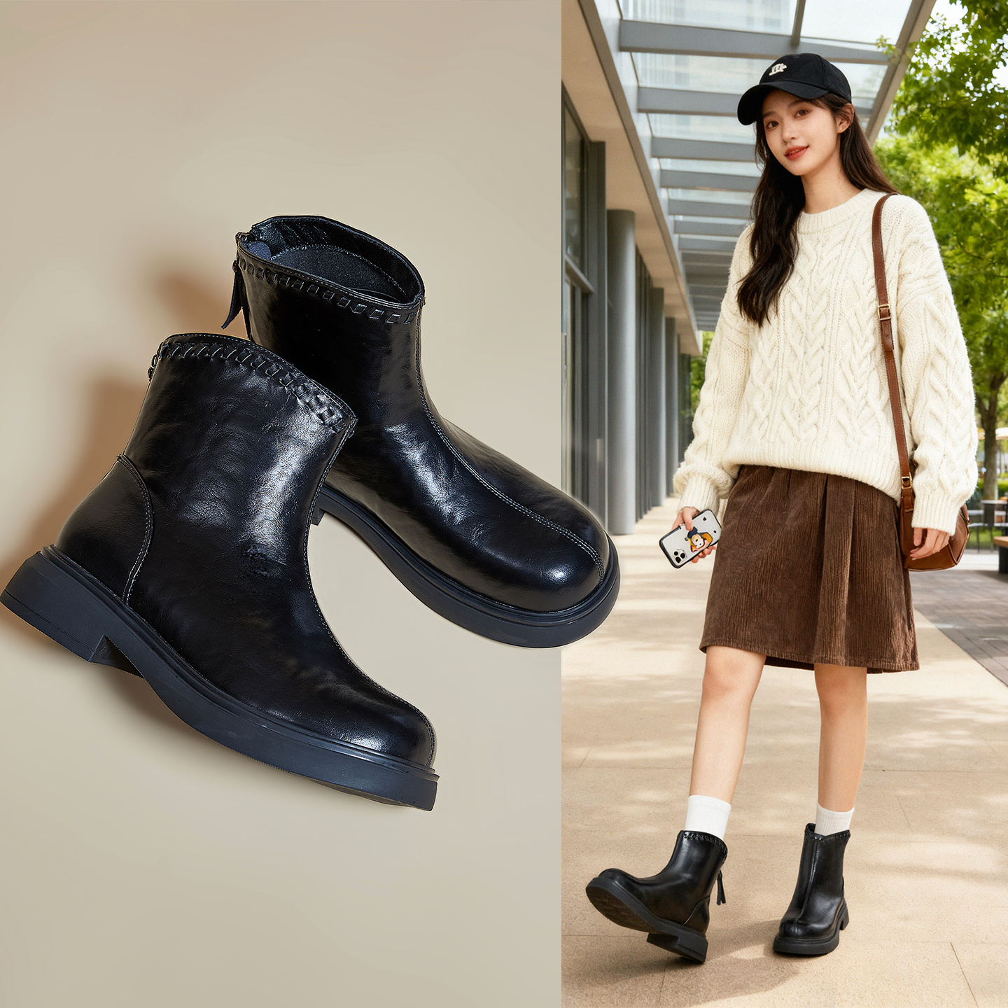 真皮洋气小短靴女粗跟马丁靴子