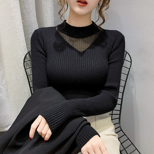 Кружевной демисезонный однотонный свитер, приятный телу трикотажный лонгслив, высокий воротник, в западном стиле