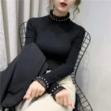 Кружевной демисезонный эластичный приятный телу трикотажный свитер, высокий воротник, в западном стиле