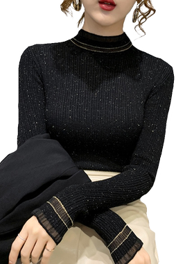 蕾丝拼接半高领套头毛衣女士新款秋冬内搭修身打底衫亮丝针织上衣