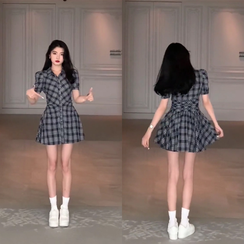 格子短袖衬衫连衣裙搭配一整套女