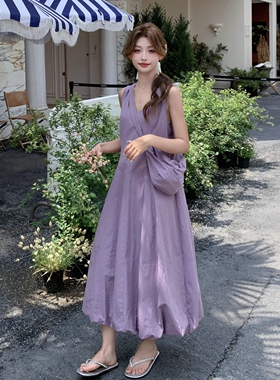 韩版设计感小众紫色无袖连衣裙女